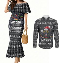 Personalized Penrith Panthers Christmas Couples Matching Mermaid Dress and Long Sleeve Button Shirt Australian Rugby Fans - Pixelated Ugly Xmas Pattern Mascot Santa