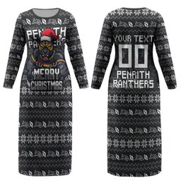 Personalized Penrith Panthers Christmas Couples Matching Long Sleeve Bodycon Dress and Long Sleeve Button Shirt Australian Rugby Fans - Pixelated Ugly Xmas Pattern Mascot Santa