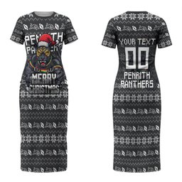 Personalized Penrith Panthers Christmas Couples Matching Short Sleeve Bodycon Dress and Long Sleeve Button Shirt Australian Rugby Fans - Pixelated Ugly Xmas Pattern Mascot Santa