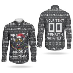 Personalized Penrith Panthers Christmas Couples Matching Summer Maxi Dress and Long Sleeve Button Shirt Australian Rugby Fans - Pixelated Ugly Xmas Pattern Mascot Santa