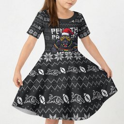 Personalized Penrith Panthers Christmas Kid Short Sleeve Dress Australian Rugby Fans - Pixelated Ugly Xmas Pattern Mascot Santa