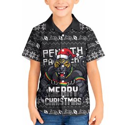 Personalized Penrith Panthers Christmas Kid Hawaiian Shirt Australian Rugby Fans - Pixelated Ugly Xmas Pattern Mascot Santa