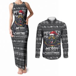 Personalized Penrith Panthers Christmas Couples Matching Tank Maxi Dress and Long Sleeve Button Shirt Australian Rugby Fans - Pixelated Ugly Xmas Pattern Mascot Santa