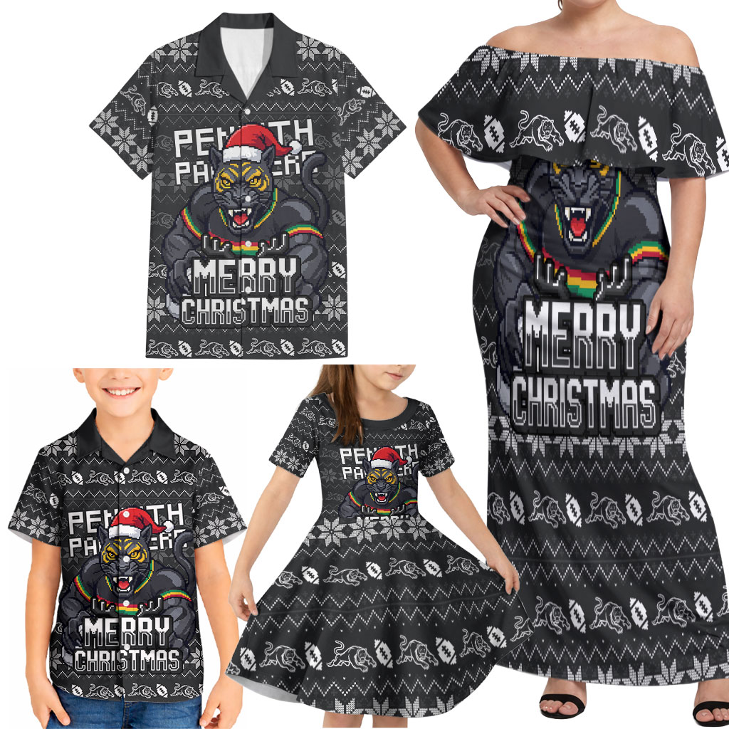 Personalized Penrith Panthers Christmas Family Matching Off Shoulder Maxi Dress and Hawaiian Shirt Australian Rugby Fans - Pixelated Ugly Xmas Pattern Mascot Santa