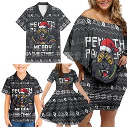 Personalized Penrith Panthers Christmas Family Matching Off Shoulder Short Dress and Hawaiian Shirt Australian Rugby Fans - Pixelated Ugly Xmas Pattern Mascot Santa