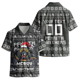 Personalized Penrith Panthers Christmas Kid Hawaiian Shirt Australian Rugby Fans - Pixelated Ugly Xmas Pattern Mascot Santa