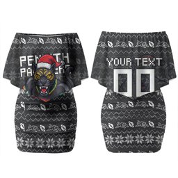 Personalized Penrith Panthers Christmas Family Matching Off Shoulder Short Dress and Hawaiian Shirt Australian Rugby Fans - Pixelated Ugly Xmas Pattern Mascot Santa