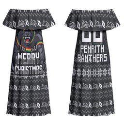 Personalized Penrith Panthers Christmas Family Matching Off Shoulder Maxi Dress and Hawaiian Shirt Australian Rugby Fans - Pixelated Ugly Xmas Pattern Mascot Santa