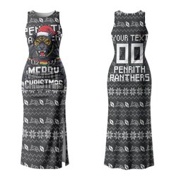 Personalized Penrith Panthers Christmas Couples Matching Tank Maxi Dress and Long Sleeve Button Shirt Australian Rugby Fans - Pixelated Ugly Xmas Pattern Mascot Santa