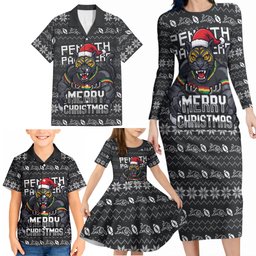 Personalized Penrith Panthers Christmas Family Matching Long Sleeve Bodycon Dress and Hawaiian Shirt Australian Rugby Fans - Pixelated Ugly Xmas Pattern Mascot Santa