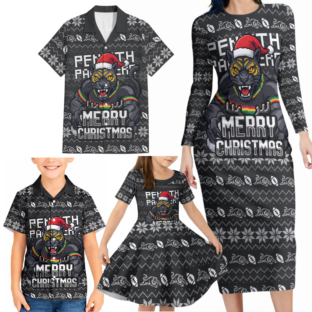 Personalized Penrith Panthers Christmas Family Matching Long Sleeve Bodycon Dress and Hawaiian Shirt Australian Rugby Fans - Pixelated Ugly Xmas Pattern Mascot Santa