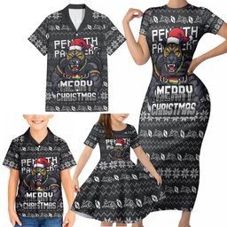 Personalized Penrith Panthers Christmas Family Matching Short Sleeve Bodycon Dress and Hawaiian Shirt Australian Rugby Fans - Pixelated Ugly Xmas Pattern Mascot Santa