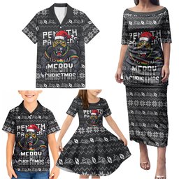 Personalized Penrith Panthers Christmas Family Matching Puletasi and Hawaiian Shirt Australian Rugby Fans - Pixelated Ugly Xmas Pattern Mascot Santa