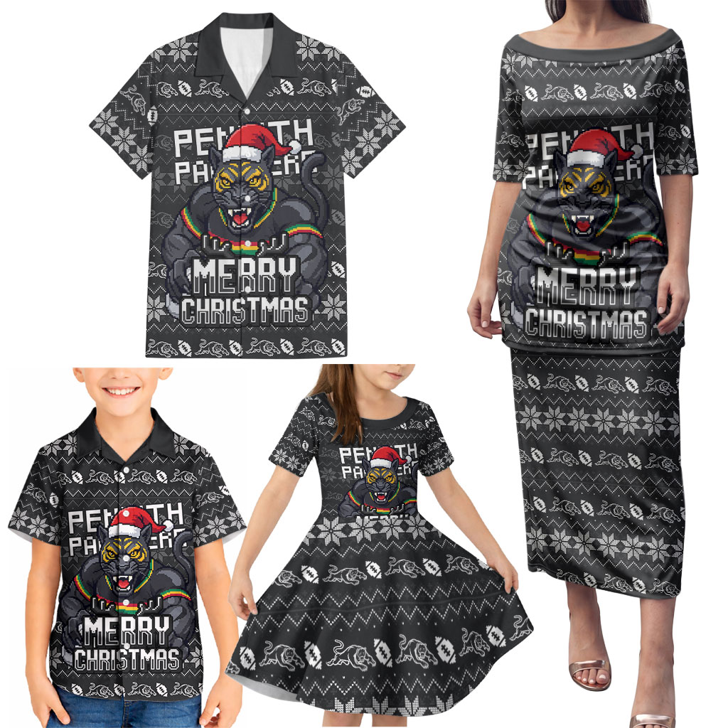 Personalized Penrith Panthers Christmas Family Matching Puletasi and Hawaiian Shirt Australian Rugby Fans - Pixelated Ugly Xmas Pattern Mascot Santa