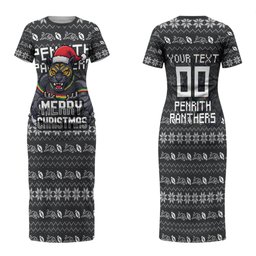 Personalized Penrith Panthers Christmas Family Matching Short Sleeve Bodycon Dress and Hawaiian Shirt Australian Rugby Fans - Pixelated Ugly Xmas Pattern Mascot Santa