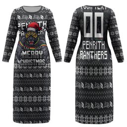 Personalized Penrith Panthers Christmas Family Matching Long Sleeve Bodycon Dress and Hawaiian Shirt Australian Rugby Fans - Pixelated Ugly Xmas Pattern Mascot Santa