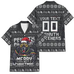 Personalized Penrith Panthers Christmas Family Matching Short Sleeve Bodycon Dress and Hawaiian Shirt Australian Rugby Fans - Pixelated Ugly Xmas Pattern Mascot Santa