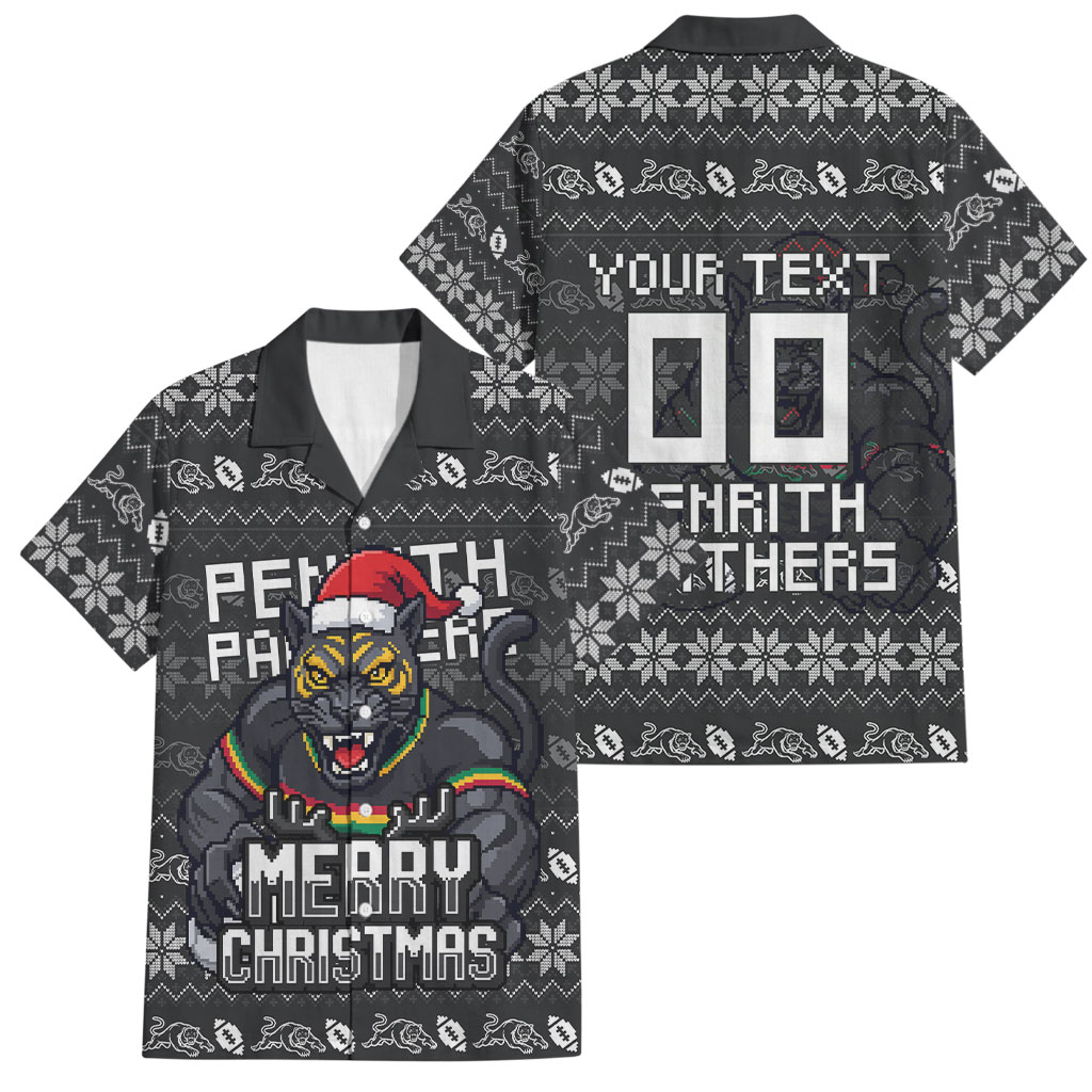 Personalized Penrith Panthers Christmas Family Matching Short Sleeve Bodycon Dress and Hawaiian Shirt Australian Rugby Fans - Pixelated Ugly Xmas Pattern Mascot Santa