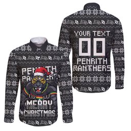 Personalized Penrith Panthers Christmas Family Matching Short Sleeve Bodycon Dress and Hawaiian Shirt Australian Rugby Fans - Pixelated Ugly Xmas Pattern Mascot Santa