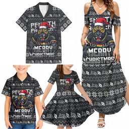 Personalized Penrith Panthers Christmas Family Matching Summer Maxi Dress and Hawaiian Shirt Australian Rugby Fans - Pixelated Ugly Xmas Pattern Mascot Santa