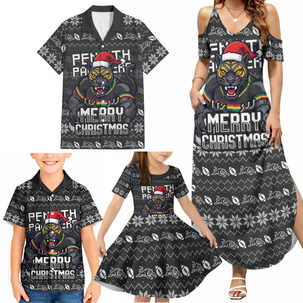 Personalized Penrith Panthers Christmas Family Matching Summer Maxi Dress and Hawaiian Shirt Australian Rugby Fans - Pixelated Ugly Xmas Pattern Mascot Santa