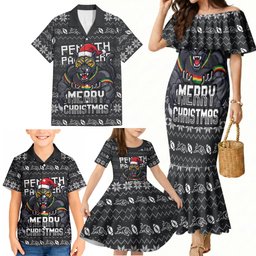 Personalized Penrith Panthers Christmas Family Matching Mermaid Dress and Hawaiian Shirt Australian Rugby Fans - Pixelated Ugly Xmas Pattern Mascot Santa