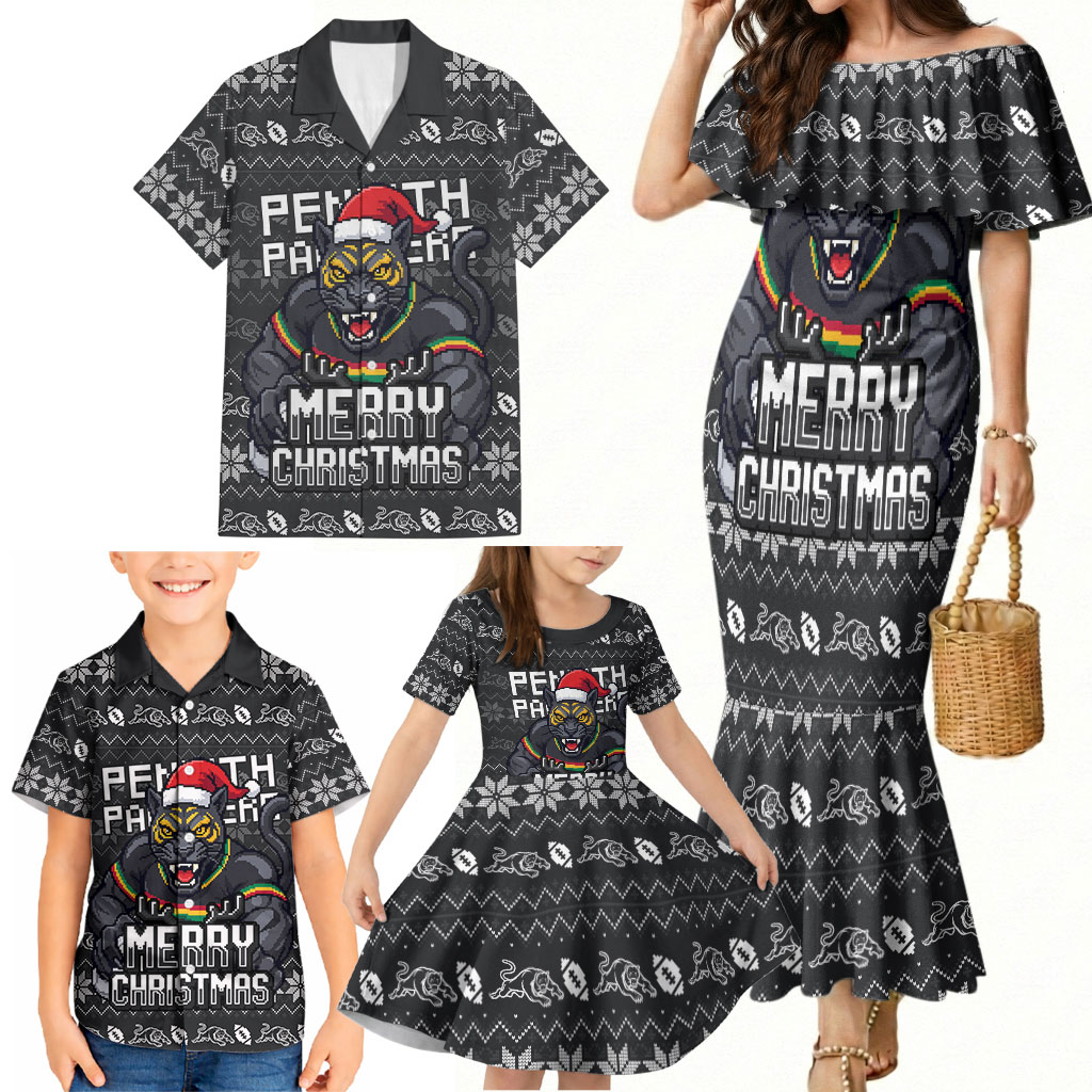 Personalized Penrith Panthers Christmas Family Matching Mermaid Dress and Hawaiian Shirt Australian Rugby Fans - Pixelated Ugly Xmas Pattern Mascot Santa