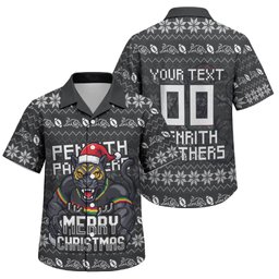 Personalized Penrith Panthers Christmas Family Matching Long Sleeve Bodycon Dress and Hawaiian Shirt Australian Rugby Fans - Pixelated Ugly Xmas Pattern Mascot Santa