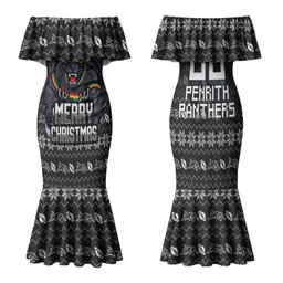 Personalized Penrith Panthers Christmas Family Matching Mermaid Dress and Hawaiian Shirt Australian Rugby Fans - Pixelated Ugly Xmas Pattern Mascot Santa
