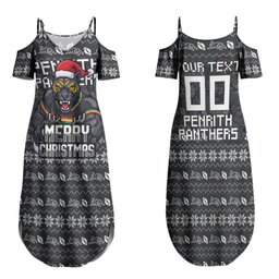 Personalized Penrith Panthers Christmas Family Matching Summer Maxi Dress and Hawaiian Shirt Australian Rugby Fans - Pixelated Ugly Xmas Pattern Mascot Santa