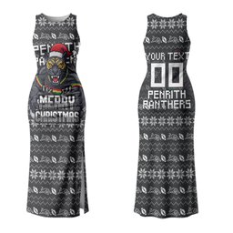 Personalized Penrith Panthers Christmas Family Matching Tank Maxi Dress and Hawaiian Shirt Australian Rugby Fans - Pixelated Ugly Xmas Pattern Mascot Santa
