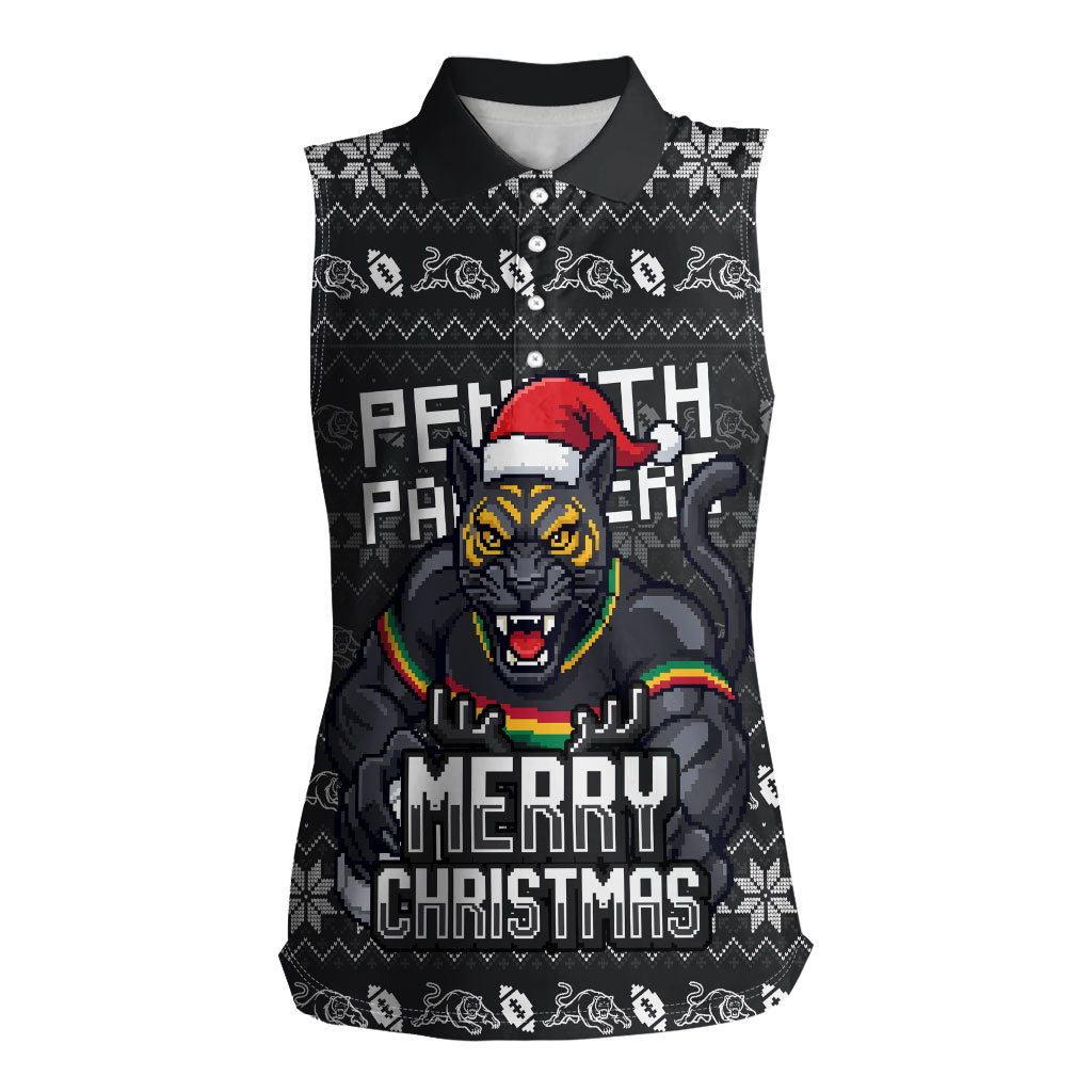 Personalized Penrith Panthers Christmas Women Sleeveless Polo Shirt Australian Rugby Fans - Pixelated Ugly Xmas Pattern Mascot Santa