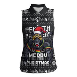 Personalized Penrith Panthers Christmas Women Sleeveless Polo Shirt Australian Rugby Fans - Pixelated Ugly Xmas Pattern Mascot Santa
