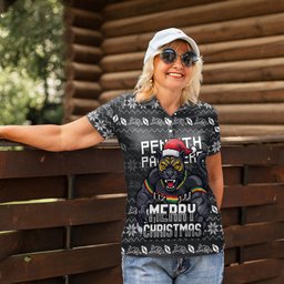 Personalized Penrith Panthers Christmas Women Polo Shirt Australian Rugby Fans - Pixelated Ugly Xmas Pattern Mascot Santa