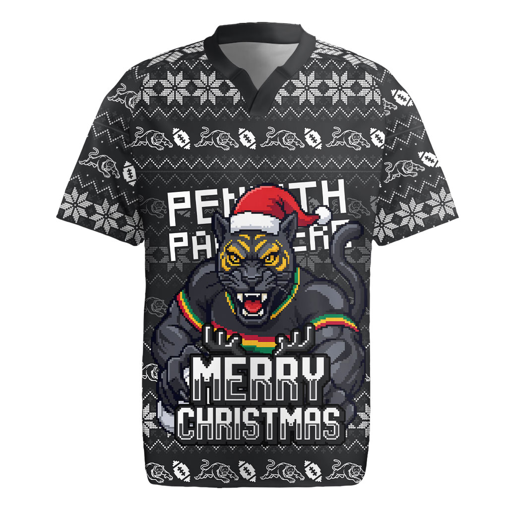 Personalized Penrith Panthers Christmas Rugby Jersey Australian Rugby Fans - Pixelated Ugly Xmas Pattern Mascot Santa
