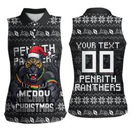 Personalized Penrith Panthers Christmas Women Sleeveless Polo Shirt Australian Rugby Fans - Pixelated Ugly Xmas Pattern Mascot Santa
