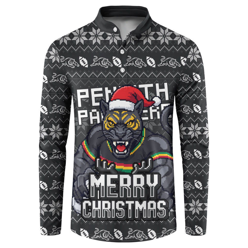 Personalized Penrith Panthers Christmas Button Sweatshirt Australian Rugby Fans - Pixelated Ugly Xmas Pattern Mascot Santa