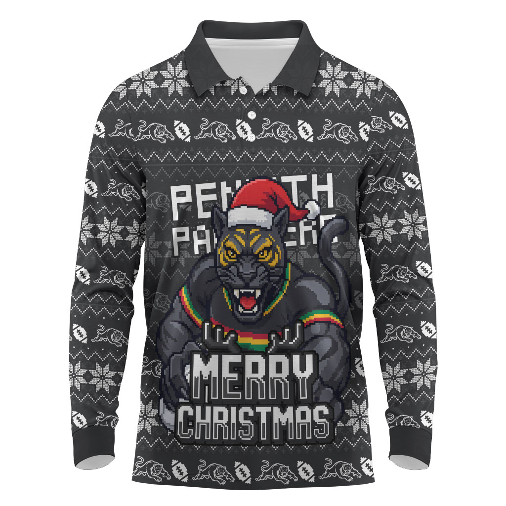 Personalized Penrith Panthers Christmas Long Sleeve Polo Shirt Australian Rugby Fans - Pixelated Ugly Xmas Pattern Mascot Santa