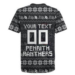 Personalized Penrith Panthers Christmas Rugby Jersey Australian Rugby Fans - Pixelated Ugly Xmas Pattern Mascot Santa