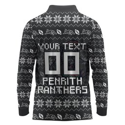 Personalized Penrith Panthers Christmas Long Sleeve Polo Shirt Australian Rugby Fans - Pixelated Ugly Xmas Pattern Mascot Santa