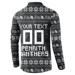 Personalized Penrith Panthers Christmas Button Sweatshirt Australian Rugby Fans - Pixelated Ugly Xmas Pattern Mascot Santa
