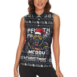 Personalized Penrith Panthers Christmas Women Sleeveless Polo Shirt Australian Rugby Fans - Pixelated Ugly Xmas Pattern Mascot Santa