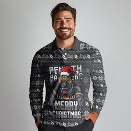 Personalized Penrith Panthers Christmas Long Sleeve Polo Shirt Australian Rugby Fans - Pixelated Ugly Xmas Pattern Mascot Santa