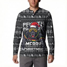 Personalized Penrith Panthers Christmas Button Sweatshirt Australian Rugby Fans - Pixelated Ugly Xmas Pattern Mascot Santa