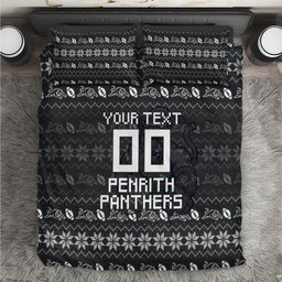 Personalized Penrith Panthers Christmas Bedding Set Australian Rugby Fans - Pixelated Ugly Xmas Pattern Mascot Santa