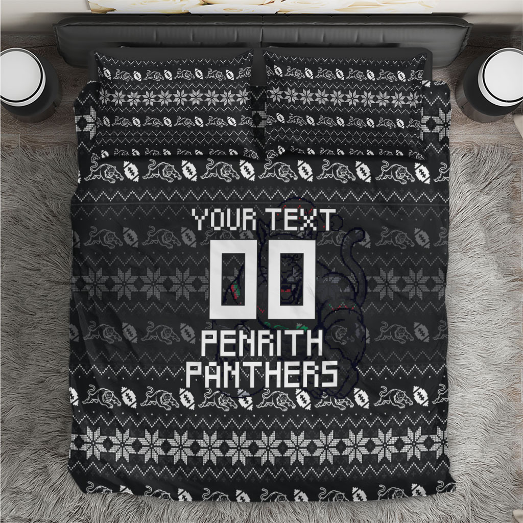 Personalized Penrith Panthers Christmas Bedding Set Australian Rugby Fans - Pixelated Ugly Xmas Pattern Mascot Santa