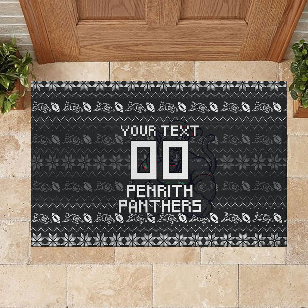 Personalized Penrith Panthers Christmas Rubber Doormat Australian Rugby Fans - Pixelated Ugly Xmas Pattern Mascot Santa
