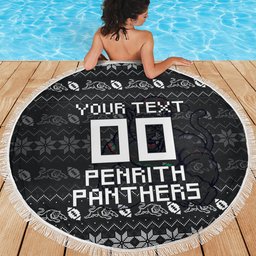 Personalized Penrith Panthers Christmas Beach Blanket Australian Rugby Fans - Pixelated Ugly Xmas Pattern Mascot Santa