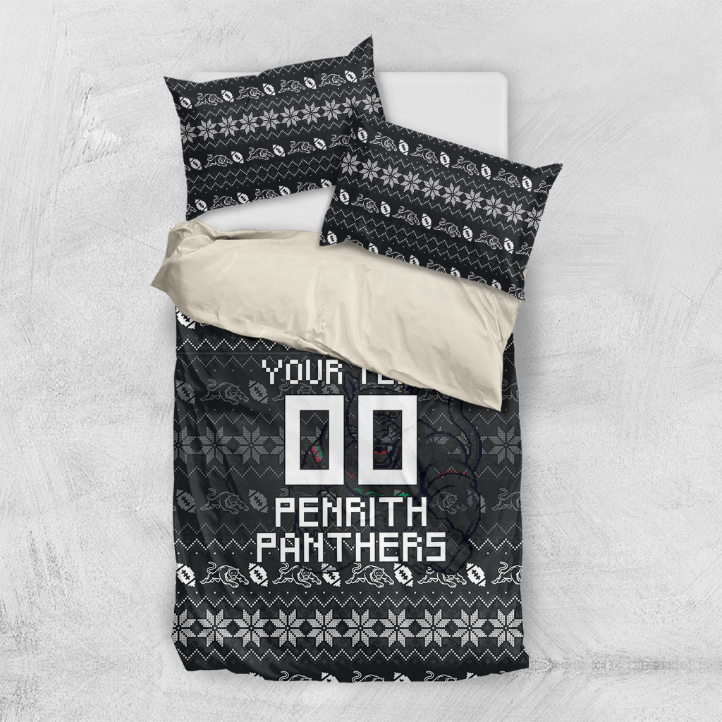 Personalized Penrith Panthers Christmas Bedding Set Australian Rugby Fans - Pixelated Ugly Xmas Pattern Mascot Santa