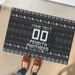 Personalized Penrith Panthers Christmas Rubber Doormat Australian Rugby Fans - Pixelated Ugly Xmas Pattern Mascot Santa